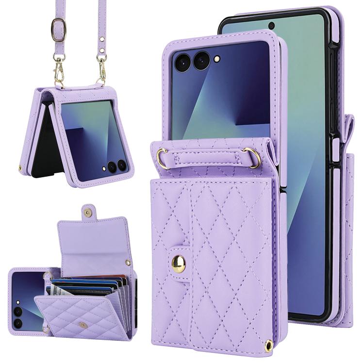 Custodia per telefono in PU con borsa per carte a trama rombica con cordino lungo, For Galaxy Z Flip8 5G, For Samsung Galaxy Z Flip7 FE / Flip6, For Samsung Galaxy Z Flip7 5G