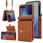Custodia per telefono in PU con borsa per carte a trama rombica con cordino lungo, For Galaxy Z Flip8 5G, For Samsung Galaxy Z Flip7 FE / Flip6, For Samsung Galaxy Z Flip7 5G