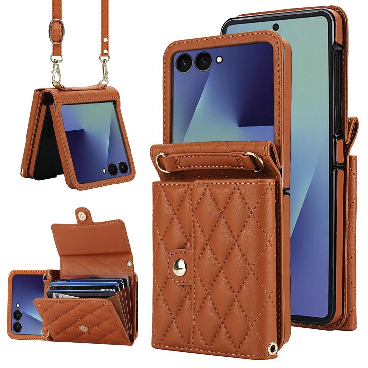 Custodia per telefono in PU con borsa per carte a trama rombica con cordino lungo, For Galaxy Z Flip8 5G, For Samsung Galaxy Z Flip7 FE / Flip6, For Samsung Galaxy Z Flip7 5G