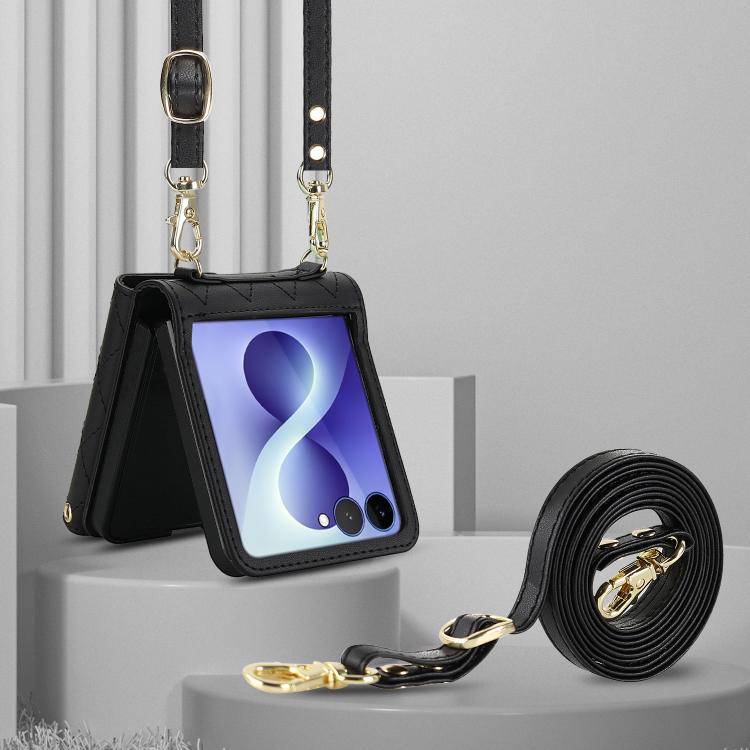 Custodia per telefono in PU con borsa per carte a trama rombica con cordino lungo, For Galaxy Z Flip8 5G, For Samsung Galaxy Z Flip7 FE / Flip6, For Samsung Galaxy Z Flip7 5G