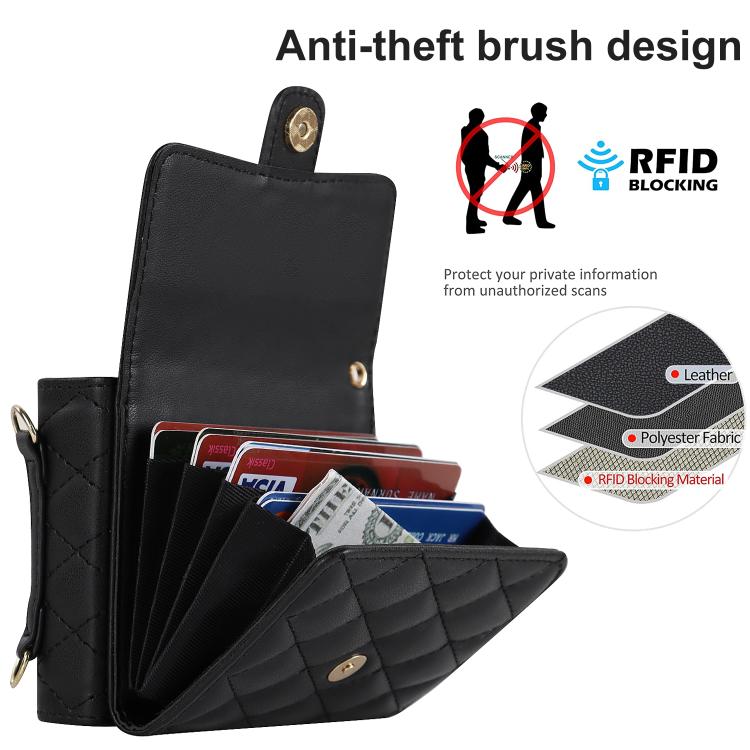 Custodia per telefono in PU con borsa per carte a trama rombica con cordino lungo, For Galaxy Z Flip8 5G, For Samsung Galaxy Z Flip7 FE / Flip6, For Samsung Galaxy Z Flip7 5G