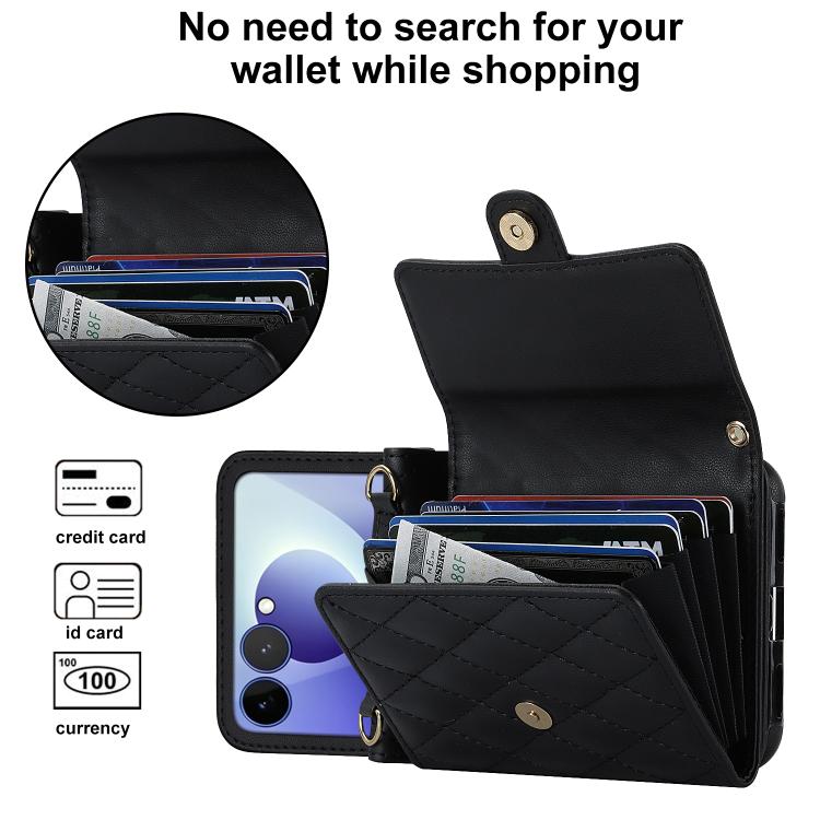 Custodia per telefono in PU con borsa per carte a trama rombica con cordino lungo, For Galaxy Z Flip8 5G, For Samsung Galaxy Z Flip7 FE / Flip6, For Samsung Galaxy Z Flip7 5G