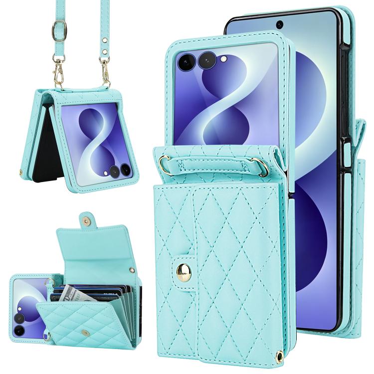 Custodia per telefono in PU con borsa per carte a trama rombica con cordino lungo, For Galaxy Z Flip8 5G, For Samsung Galaxy Z Flip7 FE / Flip6, For Samsung Galaxy Z Flip7 5G