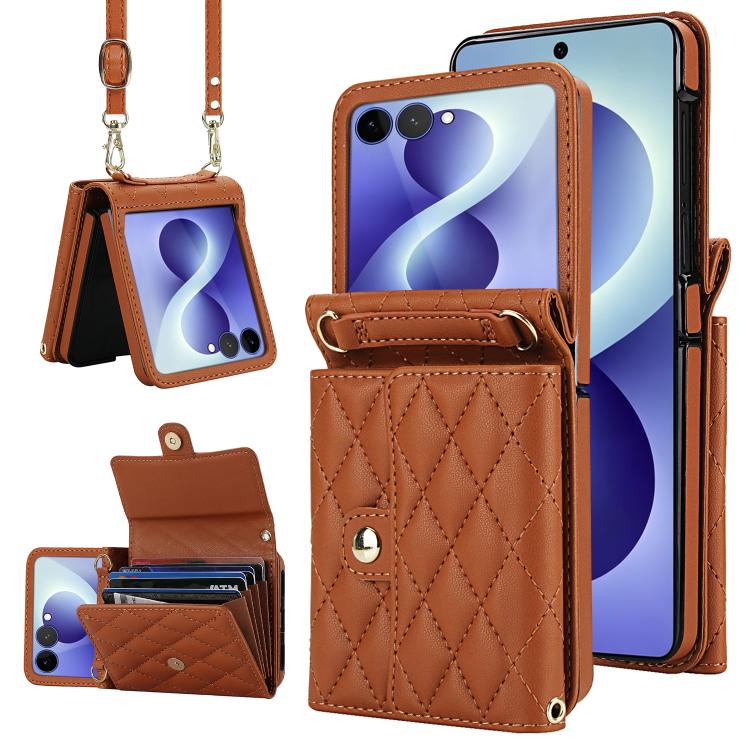 Custodia per telefono in PU con borsa per carte a trama rombica con cordino lungo, For Galaxy Z Flip8 5G, For Samsung Galaxy Z Flip7 FE / Flip6, For Samsung Galaxy Z Flip7 5G