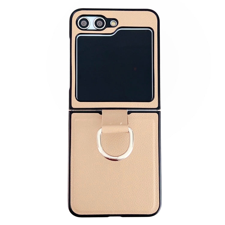 Custodia protettiva per telefono con struttura in pelle di litchi tinta unita con anello, For Samsung Galaxy Z Flip5