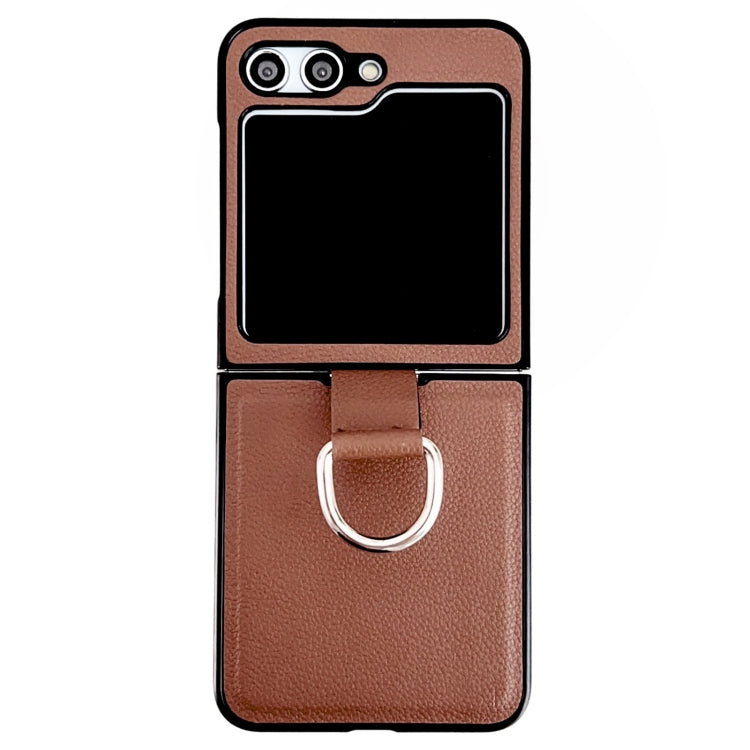 Custodia protettiva per telefono con struttura in pelle di litchi tinta unita con anello, For Samsung Galaxy Z Flip5