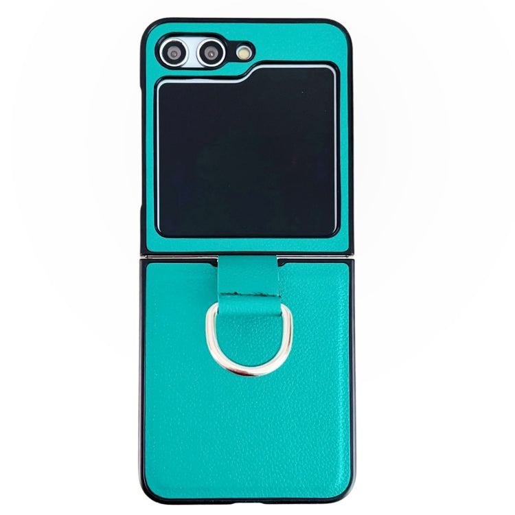 Custodia protettiva per telefono con struttura in pelle di litchi tinta unita con anello, For Samsung Galaxy Z Flip5
