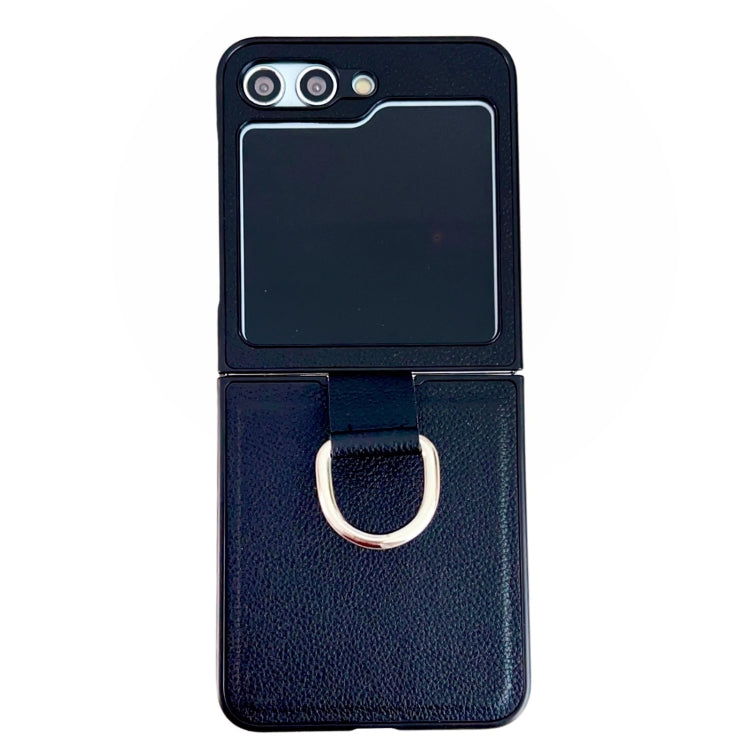 Custodia protettiva per telefono con struttura in pelle di litchi tinta unita con anello, For Samsung Galaxy Z Flip5