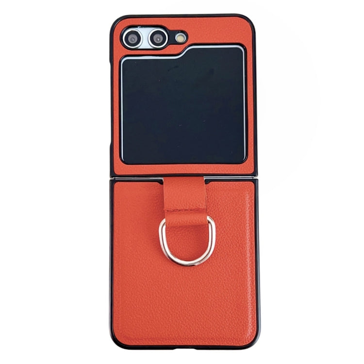 Custodia protettiva per telefono con struttura in pelle di litchi tinta unita con anello, For Samsung Galaxy Z Flip5