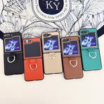 Custodia protettiva per telefono con struttura in pelle di litchi tinta unita con anello, For Samsung Galaxy Z Flip5