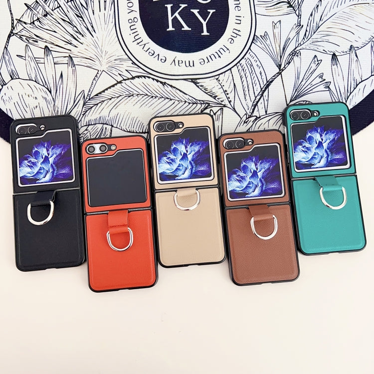 Custodia protettiva per telefono con struttura in pelle di litchi tinta unita con anello, For Samsung Galaxy Z Flip5