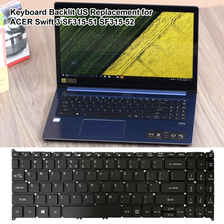 Tastiera per laptop retroilluminata versione USA, For Acer R5-471, For Acer Swift 3 SF315-51, For Acer Swift 3 SF314-54