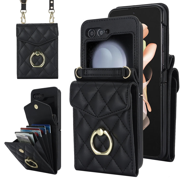 Custodia per telefono con slot per schede RFID Diamond Lattice con supporto per anello, For Samsung Galaxy Z Flip7 5G, For Samsung Galaxy Z Flip6 / Flip7 FE, For Samsung Galaxy Z Flip5