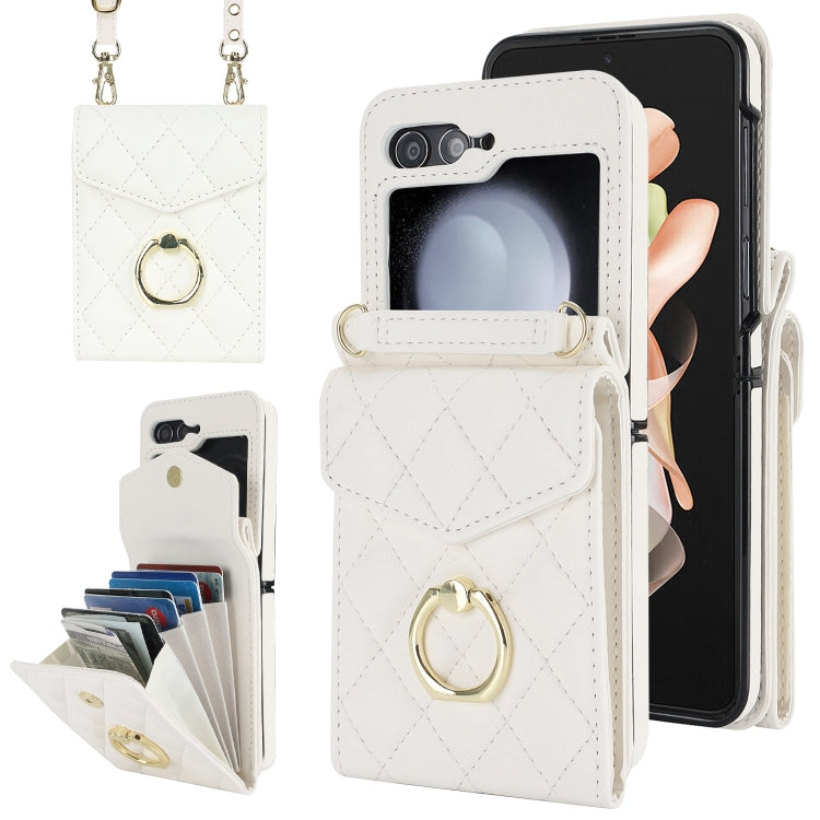 Custodia per telefono con slot per schede RFID Diamond Lattice con supporto per anello, For Samsung Galaxy Z Flip7 5G, For Samsung Galaxy Z Flip6 / Flip7 FE, For Samsung Galaxy Z Flip5