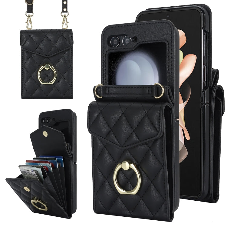 Custodia per telefono con slot per schede RFID Diamond Lattice con supporto per anello, For Samsung Galaxy Z Flip7 5G, For Samsung Galaxy Z Flip6 / Flip7 FE, For Samsung Galaxy Z Flip5