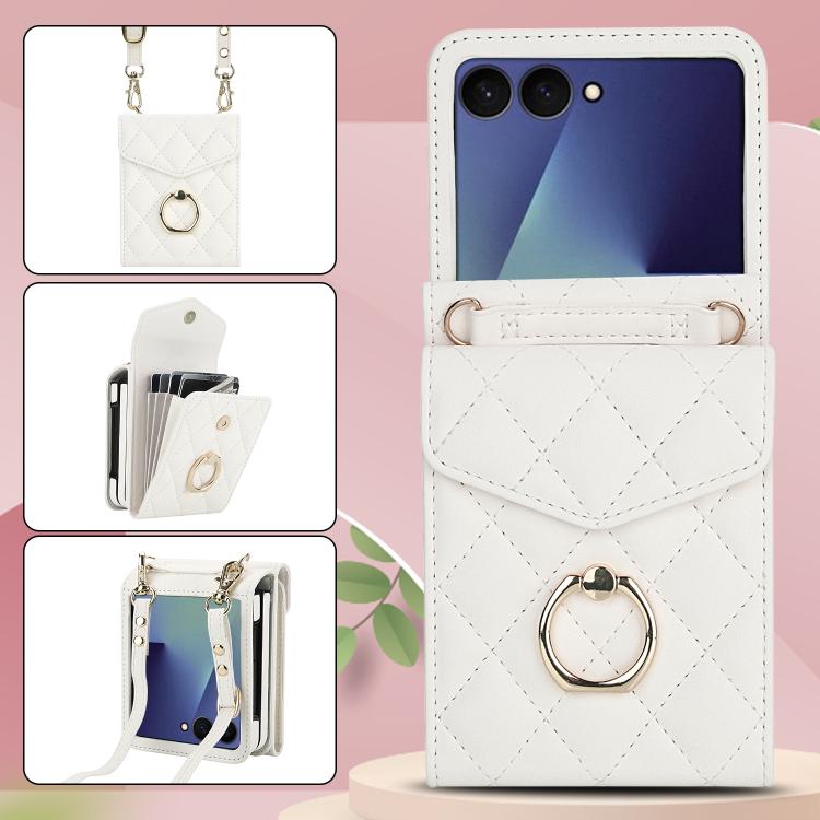 Custodia per telefono con slot per schede RFID Diamond Lattice con supporto per anello, For Samsung Galaxy Z Flip7 5G, For Samsung Galaxy Z Flip6 / Flip7 FE, For Samsung Galaxy Z Flip5