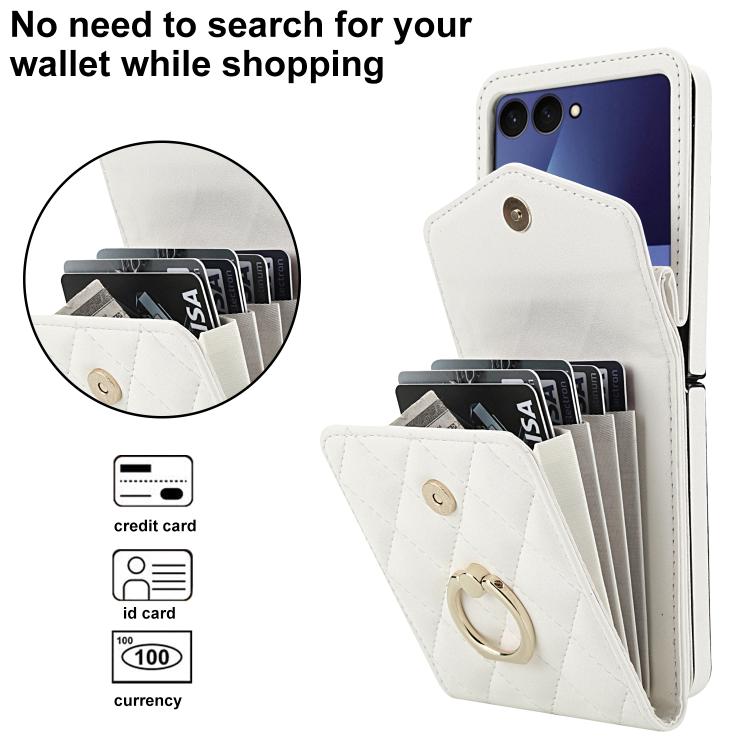 Custodia per telefono con slot per schede RFID Diamond Lattice con supporto per anello, For Samsung Galaxy Z Flip7 5G, For Samsung Galaxy Z Flip6 / Flip7 FE, For Samsung Galaxy Z Flip5