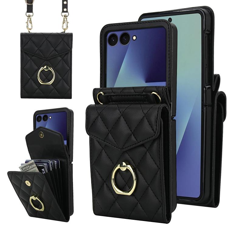 Custodia per telefono con slot per schede RFID Diamond Lattice con supporto per anello, For Samsung Galaxy Z Flip7 5G, For Samsung Galaxy Z Flip6 / Flip7 FE, For Samsung Galaxy Z Flip5