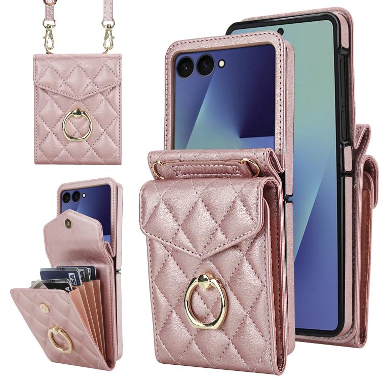 Custodia per telefono con slot per schede RFID Diamond Lattice con supporto per anello, For Samsung Galaxy Z Flip7 5G, For Samsung Galaxy Z Flip6 / Flip7 FE, For Samsung Galaxy Z Flip5
