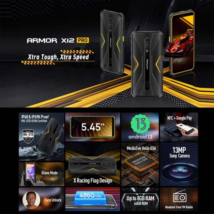 Ulefone Armor X12 Pro, telefono robusto IP68/IP69K, Android 13 MediaTek Helio G36 Octa Core da 5,45 pollici, rete: 4G, NFC, 4GB+64GB