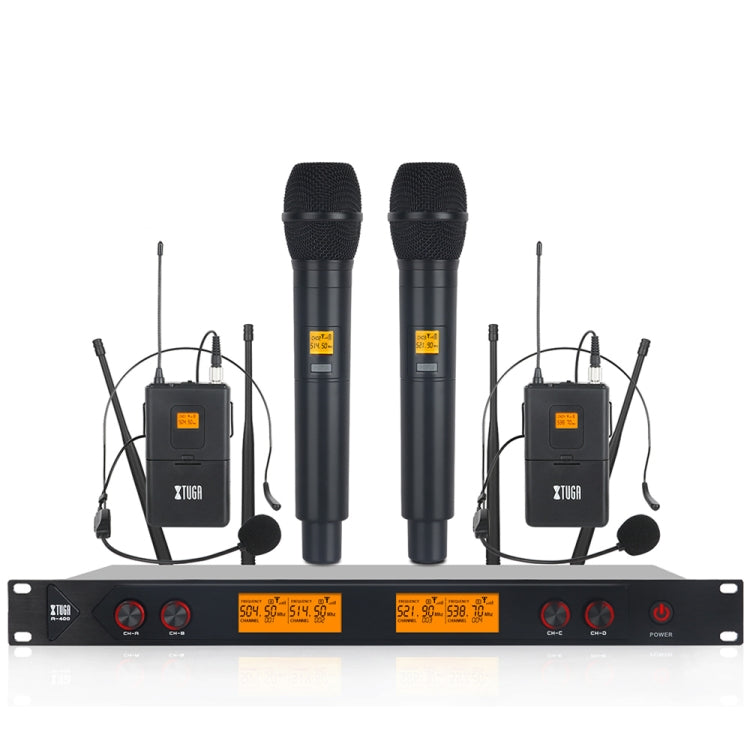 XTUGA A400-HB Sistema microfonico wireless UHF professionale a 4 canali con 2 microfoni palmari e 2 con cuffia, A400-HB