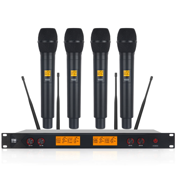 XTUGA A400-H Sistema microfonico wireless UHF professionale a 4 canali con 4 microfoni palmari, A400-H