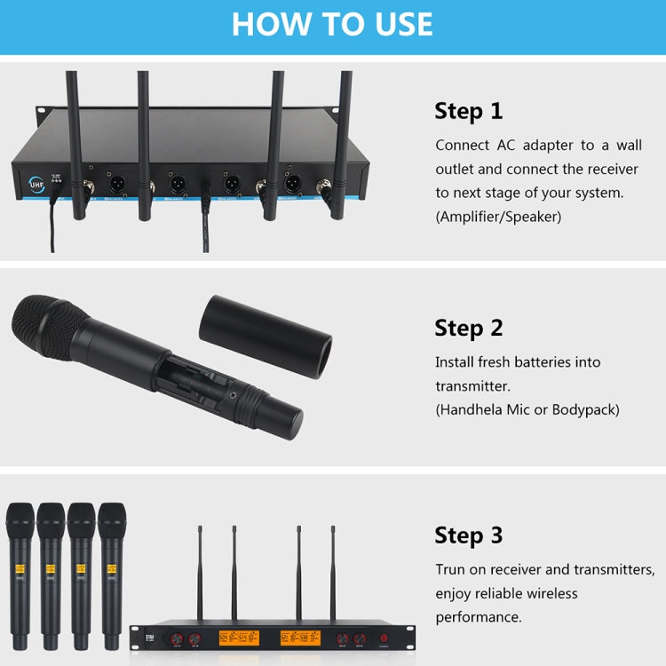 XTUGA A400-H Sistema microfonico wireless UHF professionale a 4 canali con 4 microfoni palmari, A400-H