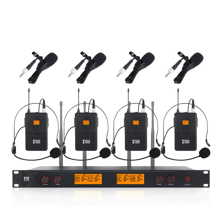 XTUGA A400-B Sistema microfonico wireless UHF professionale a 4 canali con 4 microfoni Lavalier BodyPack, A400-B