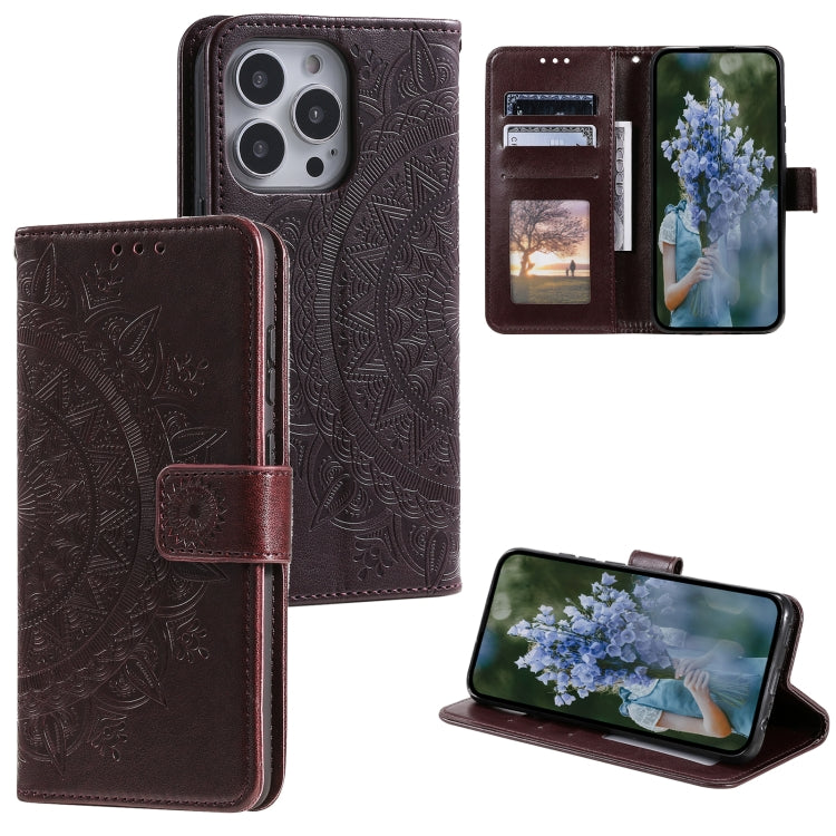 Custodia per telefono in pelle goffrata fiore totem, For iPhone 16, For iPhone 15 Pro Max, For iPhone 15 Pro