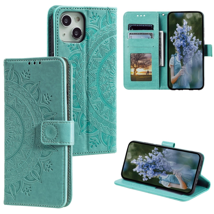 Custodia per telefono in pelle goffrata fiore totem, For iPhone 15 Plus, For iPhone 15