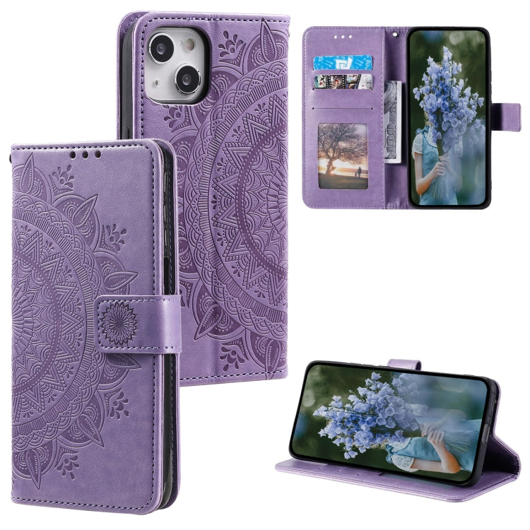 Custodia per telefono in pelle goffrata fiore totem, For iPhone 15 Plus, For iPhone 15