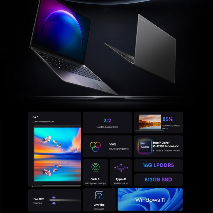 Laptop CHUWI CoreBook X da 14 pollici, Windows 11 Intel Core i3-1215U Hexa Core di dodicesima generazione, i3-1215U 16GB+512GB