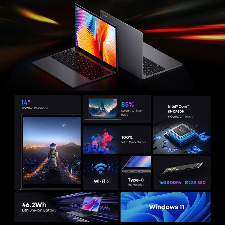 Laptop CHUWI CoreBook X da 14 pollici, Windows 11 Intel Core di dodicesima generazione i5-1235U Deca Core, i5-1235U 16GB+512GB