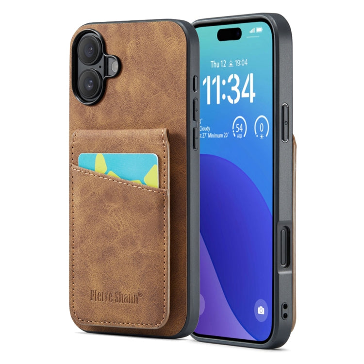 Custodia per telefono in PU con cover posteriore per portacarte Fierre Shann Crazy Horse, For iPhone 16 Pro Max, For iPhone 16 Pro, For iPhone 16 Plus, For iPhone 16