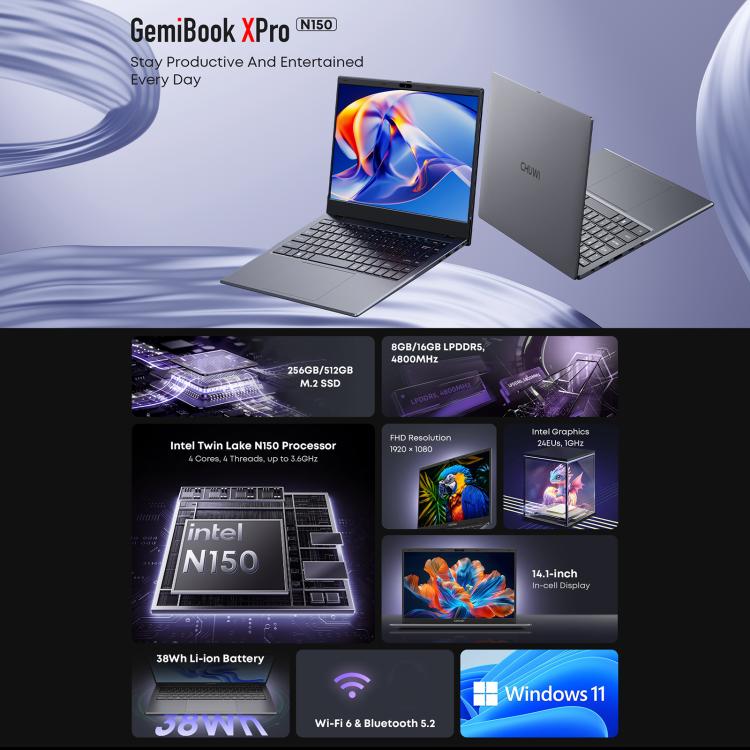 Laptop CHUWI GemiBook XPro da 14,1 pollici, Windows 11 Intel Alder Lake-N N100 Quad Core, GemiBook XPro 8GB+256GB