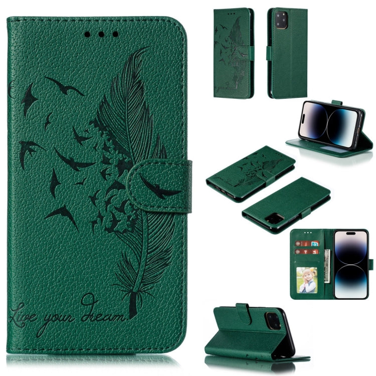 Custodia per telefono in pelle con texture litchi con motivo piuma, For iPhone 15 Pro Max, For iPhone 15 Pro, For iPhone 15 Plus, For iPhone 15