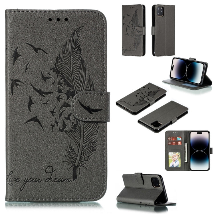 Custodia per telefono in pelle con texture litchi con motivo piuma, For iPhone 15 Pro Max, For iPhone 15 Pro, For iPhone 15 Plus, For iPhone 15