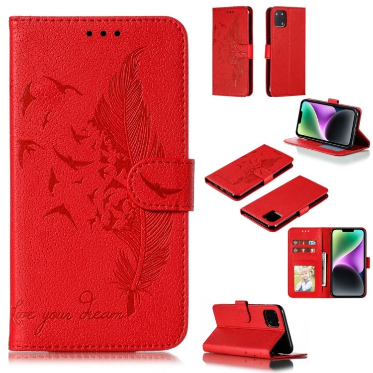 Custodia per telefono in pelle con texture litchi con motivo piuma, For iPhone 15 Pro Max, For iPhone 15 Pro, For iPhone 15 Plus, For iPhone 15