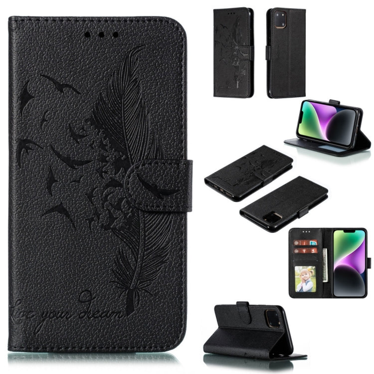 Custodia per telefono in pelle con texture litchi con motivo piuma, For iPhone 15 Pro Max, For iPhone 15 Pro, For iPhone 15 Plus, For iPhone 15