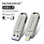 MicroDrive 2 in 1 Lightning + USB 2.0 Disco flash USB portatile in metallo, 8GB, 16GB, 32GB, 64GB, 128GB, 256GB, 512GB