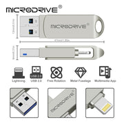 MicroDrive 2 in 1 Lightning + USB 2.0 Disco flash USB portatile in metallo, 8GB, 16GB, 32GB, 64GB, 128GB, 256GB, 512GB