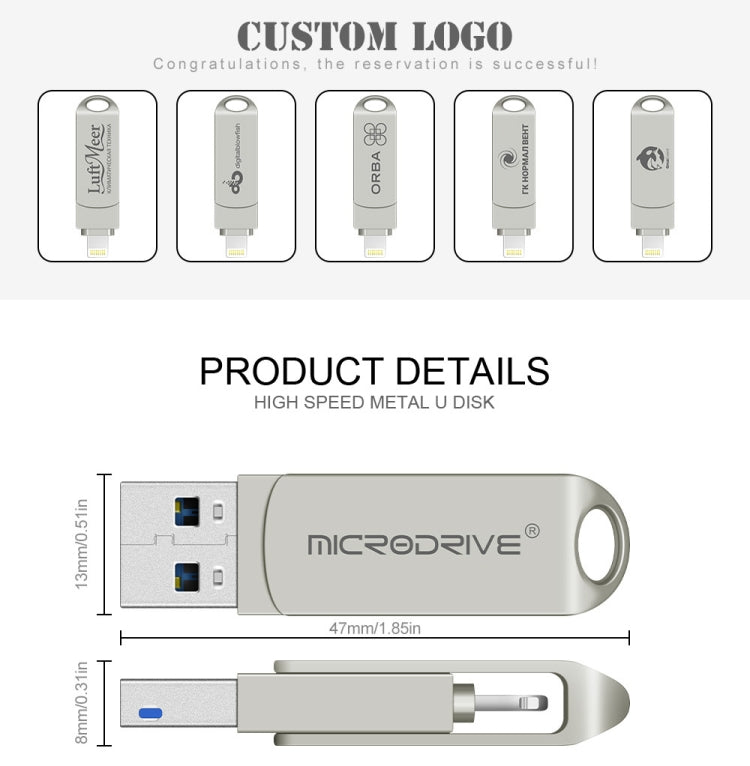 MicroDrive 2 in 1 Lightning + USB 2.0 Disco flash USB portatile in metallo, 8GB, 16GB, 32GB, 64GB, 128GB, 256GB, 512GB