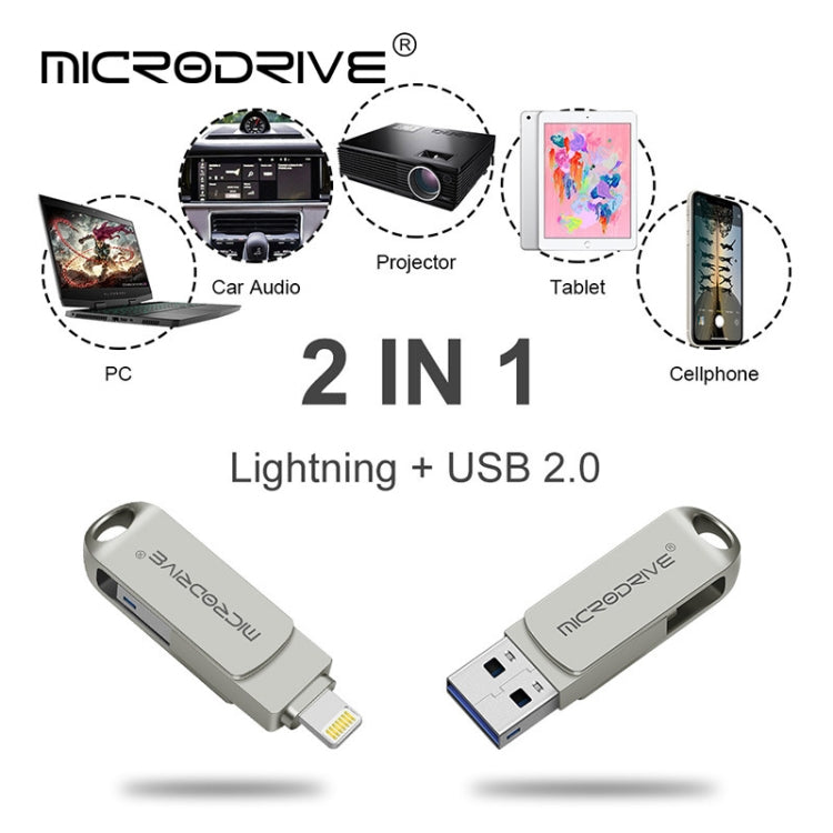MicroDrive 2 in 1 Lightning + USB 2.0 Disco flash USB portatile in metallo, 8GB, 16GB, 32GB, 64GB, 128GB, 256GB, 512GB
