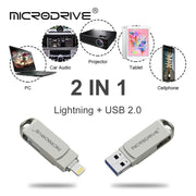 MicroDrive 2 in 1 Lightning + USB 2.0 Disco flash USB portatile in metallo, 8GB, 16GB, 32GB, 64GB, 128GB, 256GB, 512GB