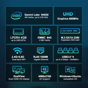 GXMO N42 Windows 11 Intel Gemini Lake N4020C Mini PC NVME SSD WiFi Mini computer desktop, 6GB+64GB, 6GB+64GB+256GB