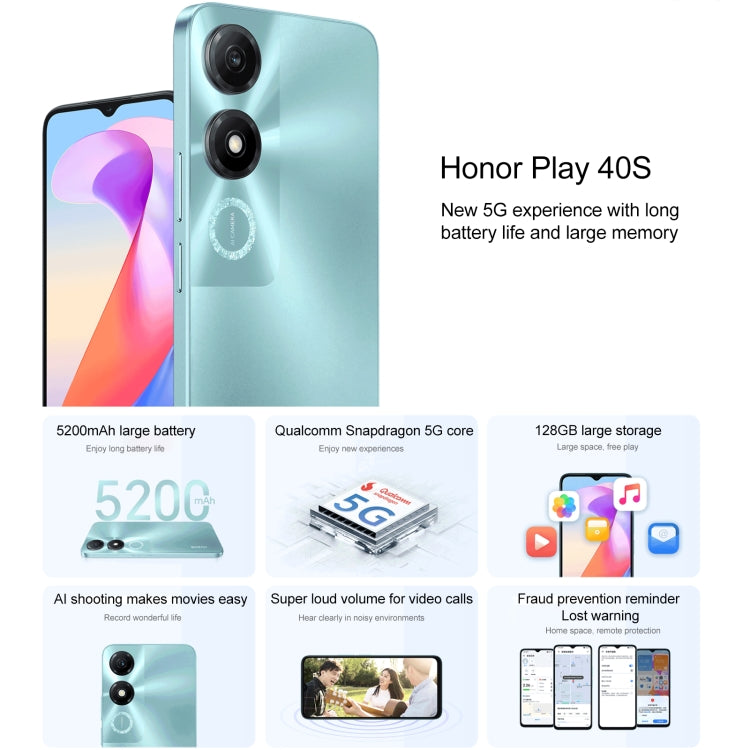 Honor Play 40S 5G, MagicOS 7.1 Snapdragon 480 Plus Octa Core da 6,56 pollici fino a 2,2 GHz, Rete: 5G, Non supporta Google Play, 4GB+128GB