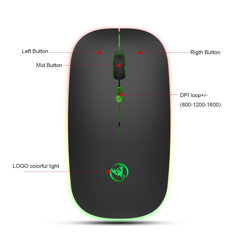 Mouse wireless a emissione di luce a doppia modalità HXSJ T18 2.4GHZ 1600 dpi USB + Bluetooth 5.1 ricaricabile