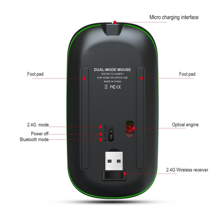 Mouse wireless a emissione di luce a doppia modalità HXSJ T18 2.4GHZ 1600 dpi USB + Bluetooth 5.1 ricaricabile