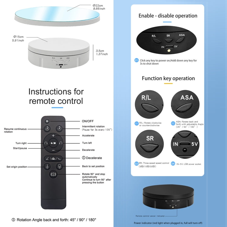 Giradischi con supporto per espositore rotante elettrico a specchio da 22 cm, puntelli per riprese video in diretta, Regular Version, With Remote Control