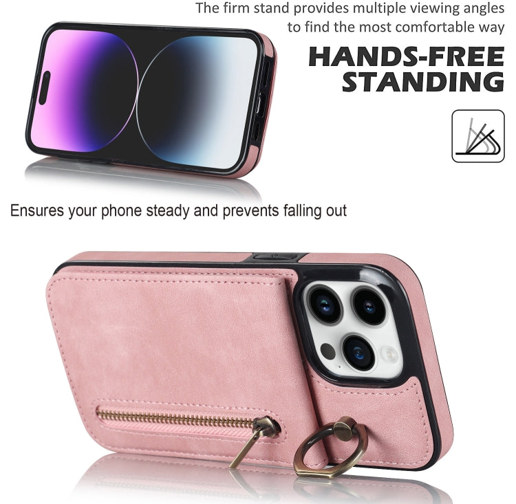 Custodia per telefono con slot per scheda RFID con anello retrò e cerniera, For iPhone 15